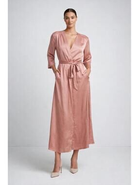 BCBG Generation Pink Satin Wrap Robe Dress Tie Belt Long Sleeve Size Large EUC